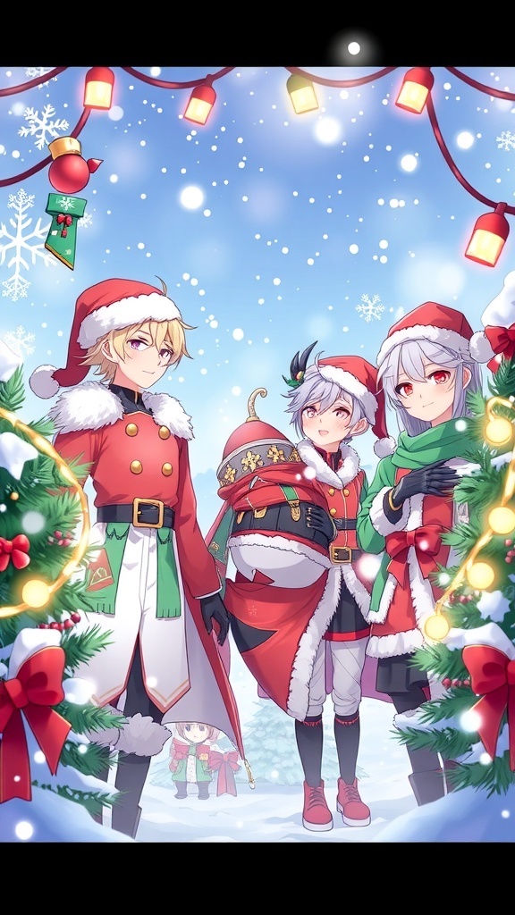 Genshin Impact characters in Christmas outfits with holiday decorations in a winter setting.
